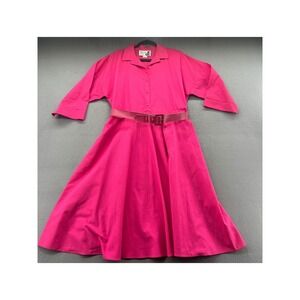 VTG The American Shirt Dress Hot Pink Belted Midi Button Front Pockets 22.5in